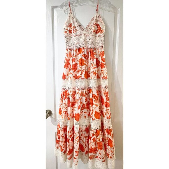 NWT Antonio Melani Red Orange and Ivory Floral Maxi Dress with Lace Size 2 - Picture 5 of 9